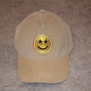 Tan Corduroy Cap with Gold Smiley Patch